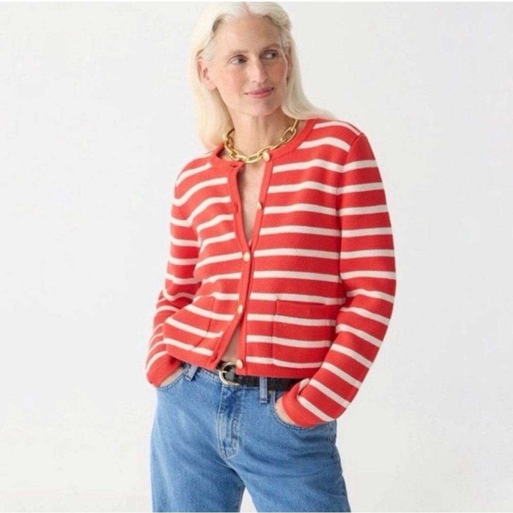 J. Crew Red and White Striped Cropped Cardigan
